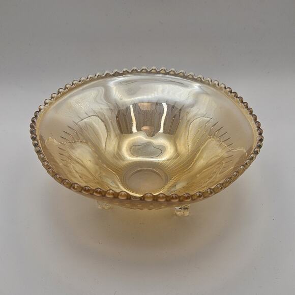 Vtg Carnival Glass Candy Dish Amber Three Footed Beaded Rim Diamond Pointed Ribs - Picture 2 of 8